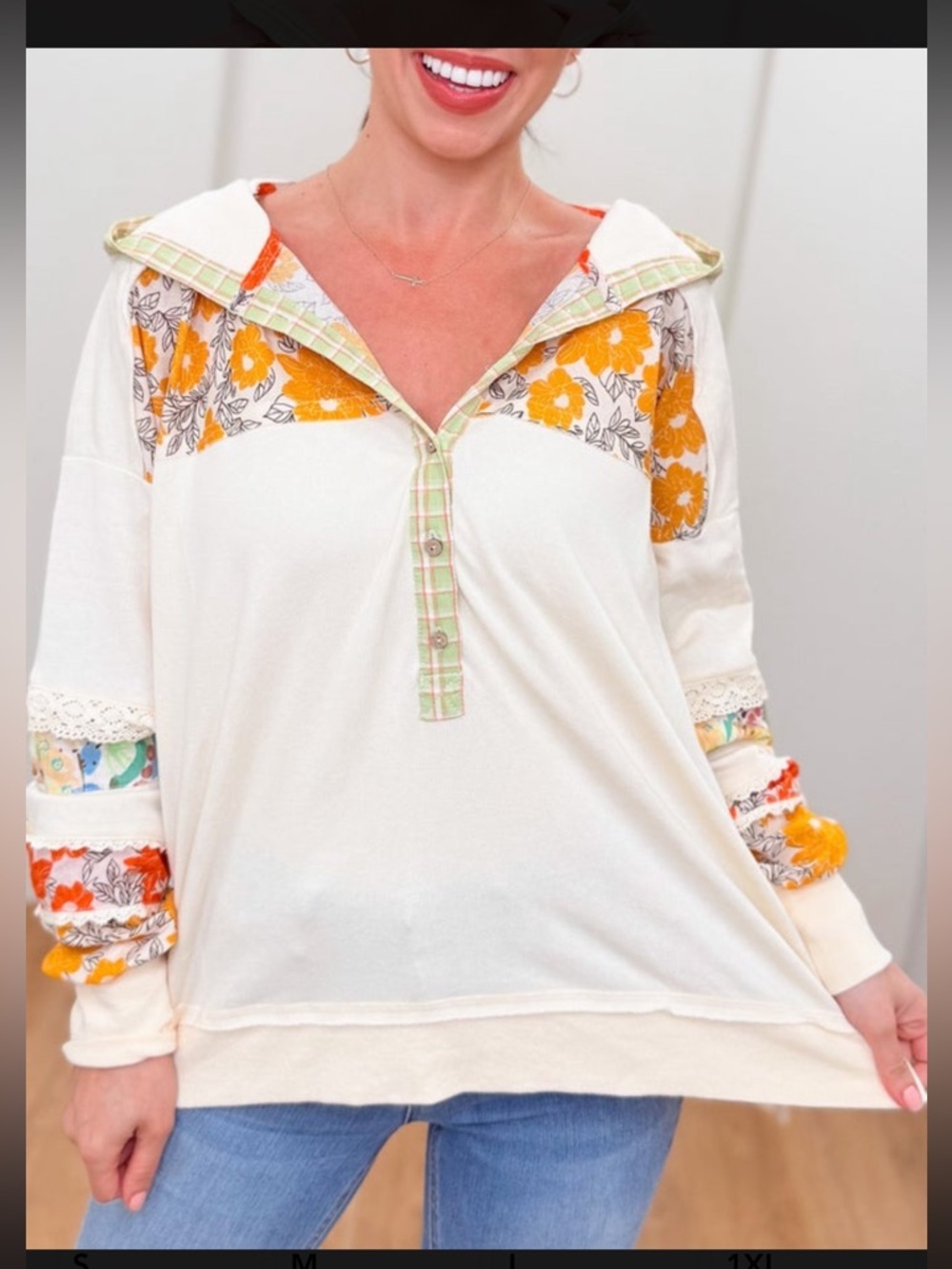 Cream Floral Patchwork Henley Hoodie Top